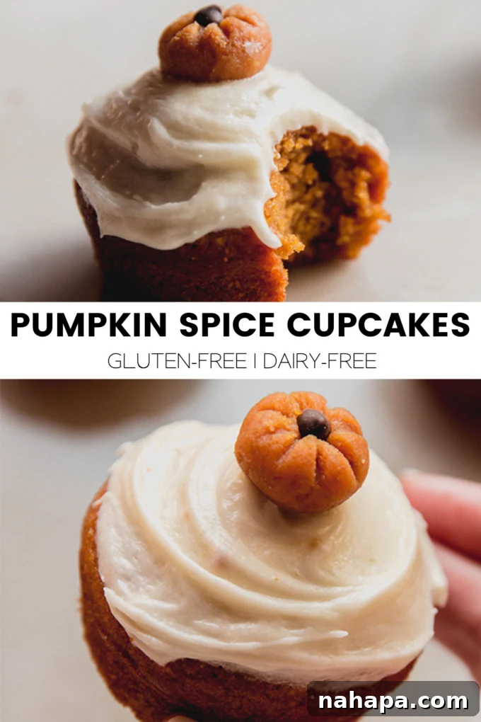 Delicious Gluten-Free and Dairy-Free Pumpkin Spice Cupcakes 7 A beautifully arranged group of pumpkin spice cupcakes, frosted and topped with mini buckeyes, on a rustic background.