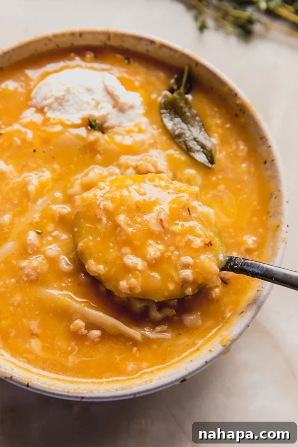 Creamy Butternut Squash Lasagna Soup Gluten And Dairy Free 2 A steaming bowl of vibrant Butternut Squash Lasagna Soup, generously garnished with fresh herbs and a creamy swirl of dairy-free ricotta. The rustic backdrop evokes a cozy autumn setting, highlighting the soup's comforting appeal for fall gatherings.