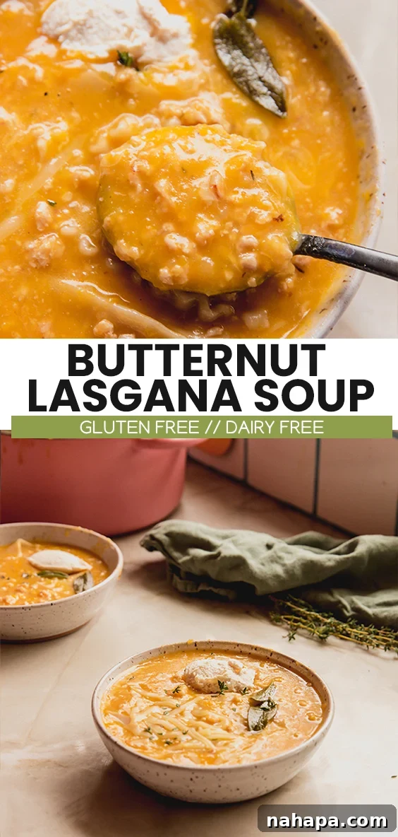 Creamy Butternut Squash Lasagna Soup Gluten And Dairy Free 5 Beautifully designed Pinterest graphic featuring a top-down view of a steaming bowl of Butternut Squash Lasagna Soup, overlaid with the recipe title and enticing autumn elements. Perfect for sharing on social media and inspiring cozy fall meals.