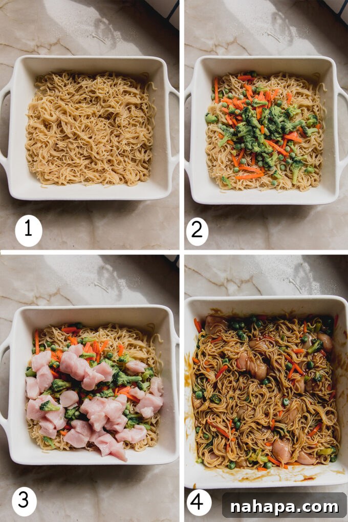 A step-by-step visual guide showing the process of combining ingredients and baking the gluten-free ramen noodle bake in a casserole dish.