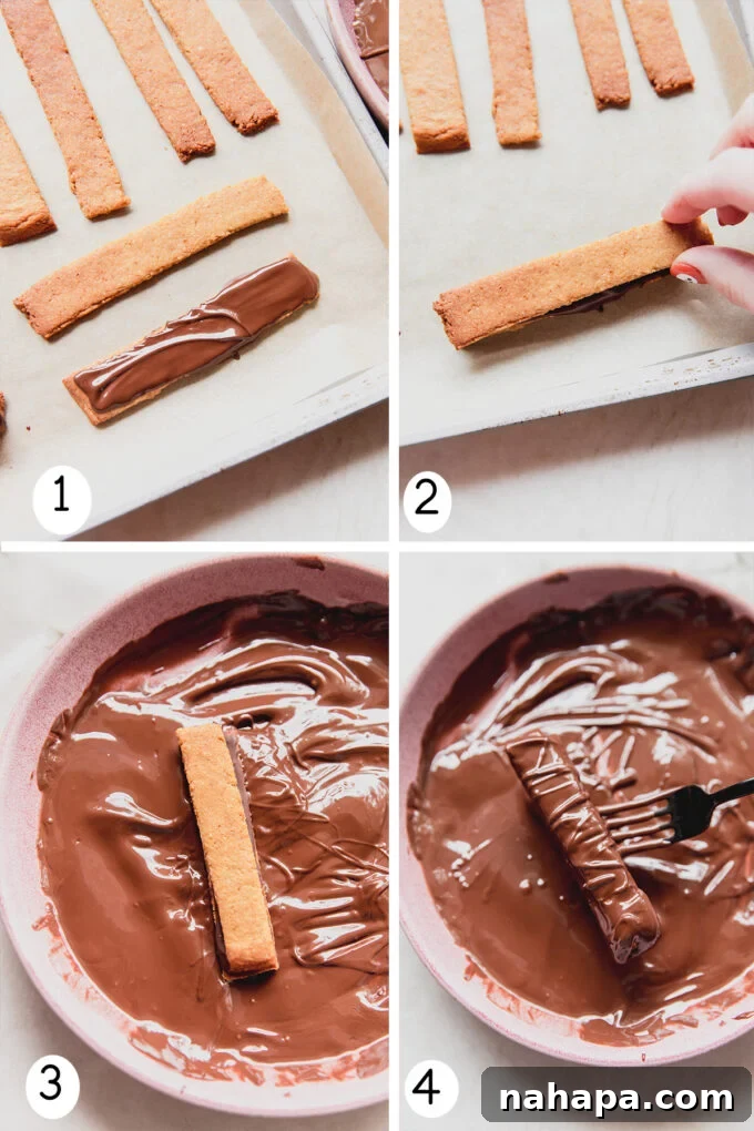 Step by step photos of taking the cookies and adding chocolate to finish the Kit Kat bars.