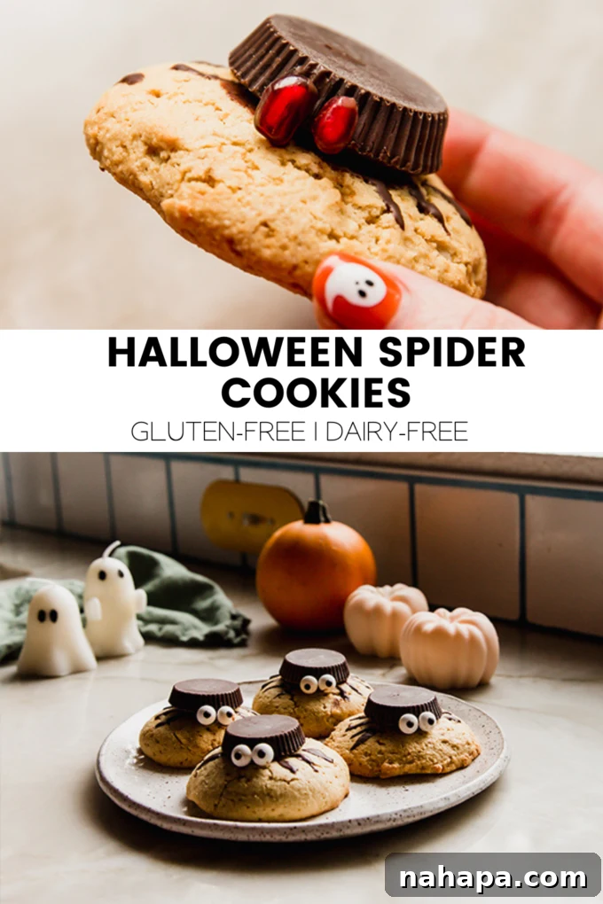 A large graphic featuring the title 'Halloween Spider Cookies' with an image of the decorated cookies and a tagline about them being gluten and dairy-free.