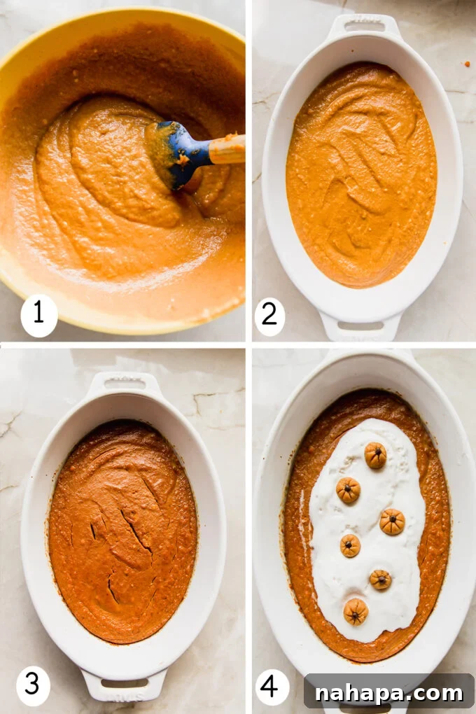 Step by step photos showing the process of mixing ingredients and baking the baked pumpkin pudding, highlighting its simplicity.