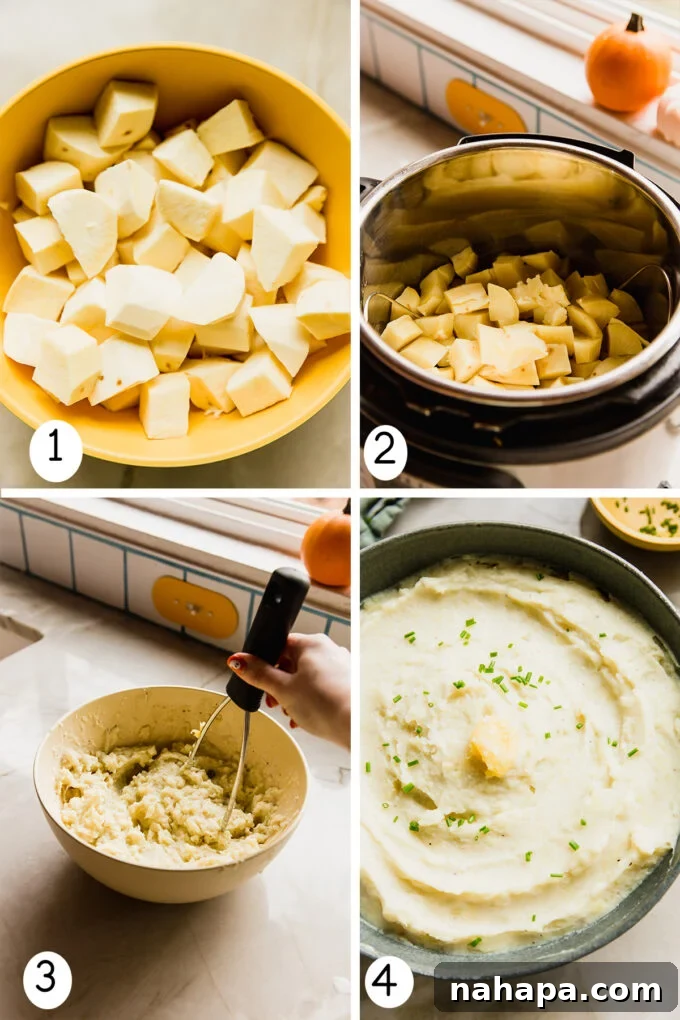 Creamy Instant Pot White Sweet Potato Mash 3 Step-by-step photos illustrating the process of making Instant Pot mashed white sweet potatoes, from dicing the potatoes to the finished creamy dish.