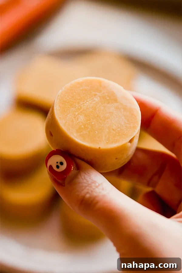 A homemade chicken bouillon cube being held in a hand, illustrating its concentrated form and ready-to-use nature.