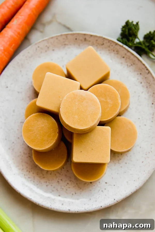 A plate stacked with homemade chicken bouillon cubes, ready to be used in various dishes.
