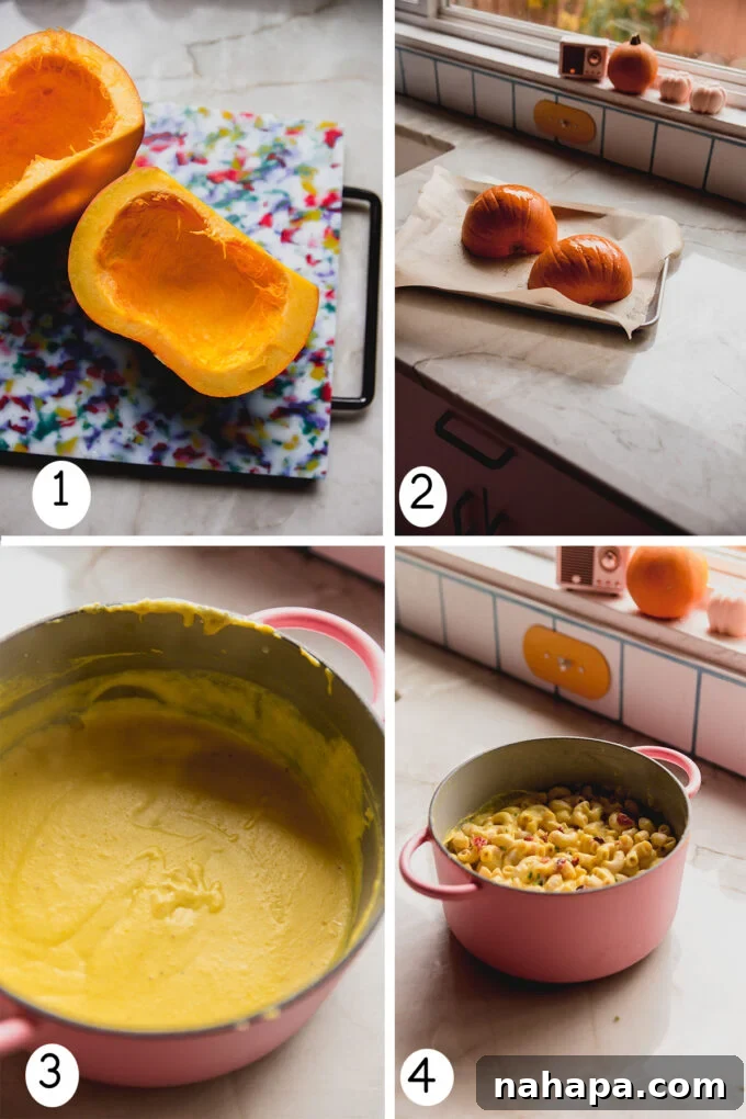 A step-by-step visual guide to making dairy-free pumpkin mac and 
