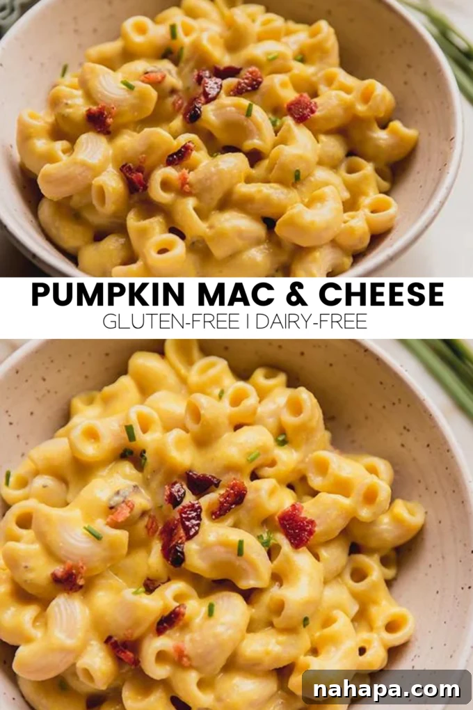 A beautifully presented graphic for Dairy-Free Pumpkin Mac & Cheese, perfect for sharing on social media or pinning.