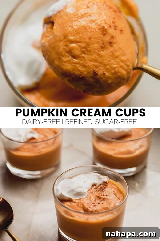 Velvety Plant-Based Pumpkin Treat Cups 5 A festive image displaying the final Pumpkin Cream Cups dessert, highlighting their appealing texture and garnish.