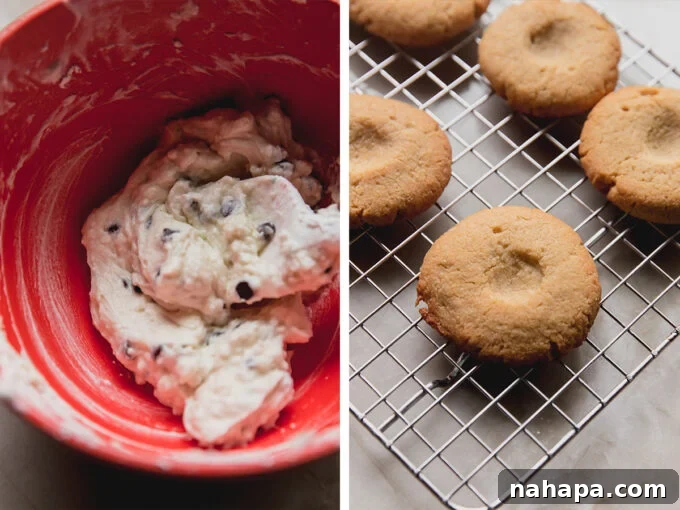 Photos showing the smooth, whipped cannoli cream in a bowl and the perfectly baked thumbprint cookies before filling.