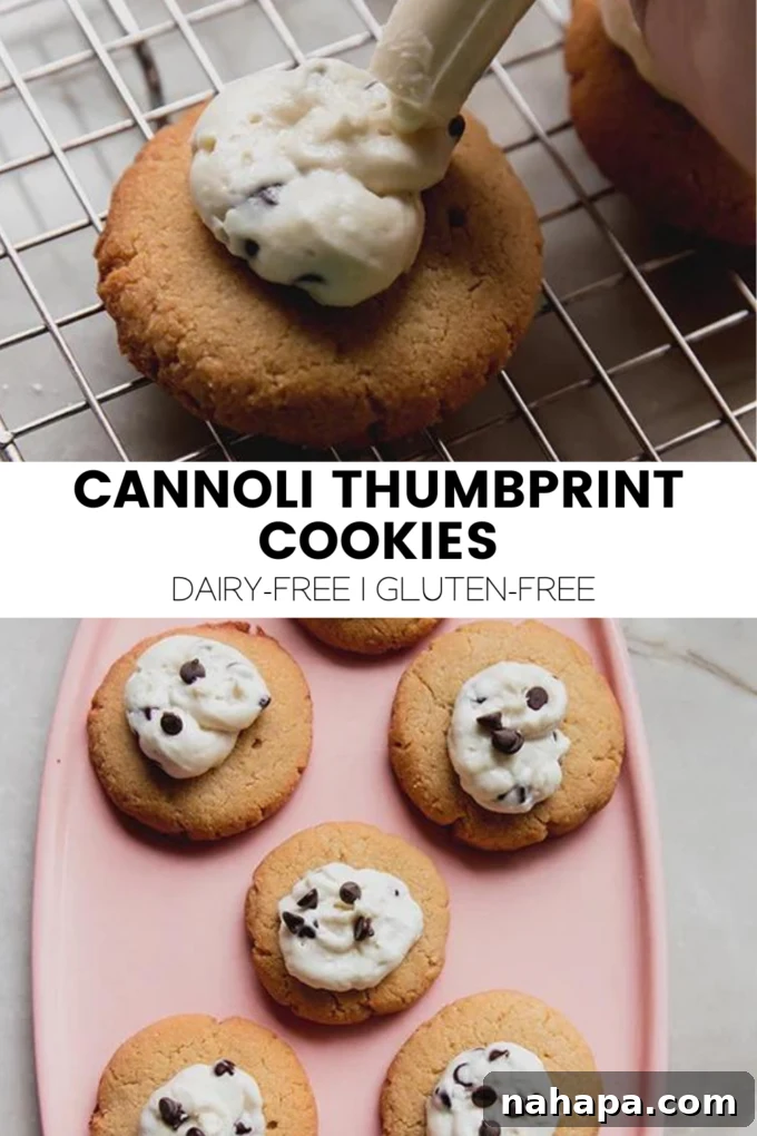 A large image of the finished cannoli thumbprint cookies, showcasing their inviting appearance on a platter.