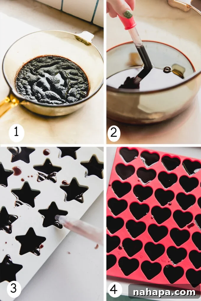 Step by step photos of making the elderberry syrup gummies.