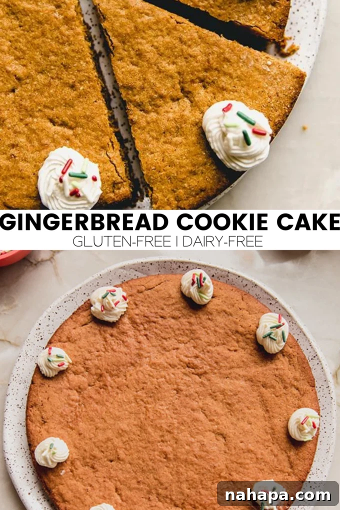 A beautifully decorated Gluten-Free Gingerbread Cookie Cake, sliced and ready to serve, featuring festive white frosting and sprinkles.