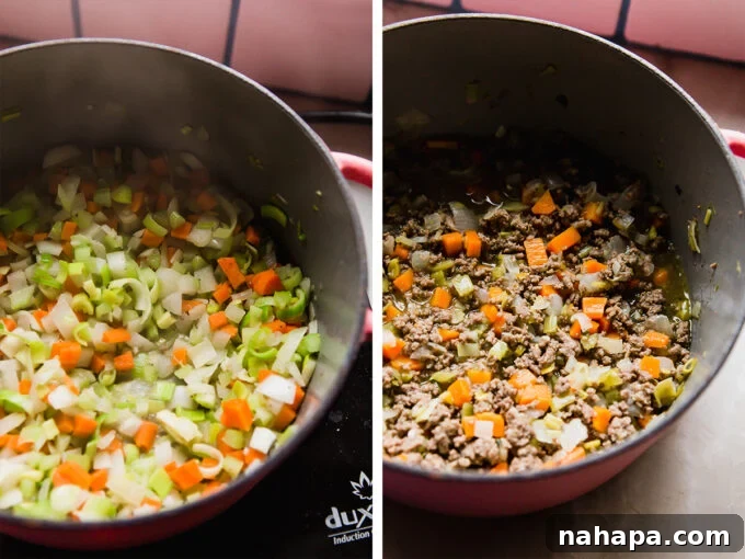 Pure Beef Flavor Cubes: Made from Scratch 3 A visual guide showing a bowl of raw, chopped carrots and celery next to a cooked mixture of vegetables and ground beef, illustrating the transformation of ingredients for bouillon.