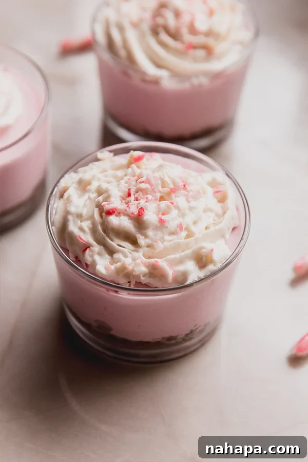 Mini Peppermint Pie Cheesecake Cups with whipped cream and candy cane