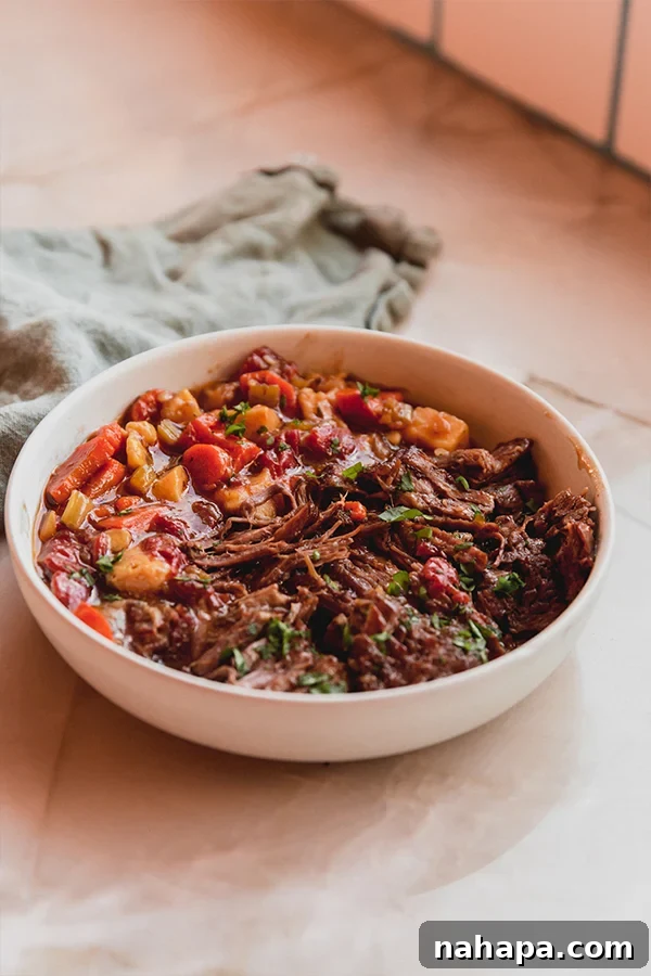 A bowl of Italian pot roast on a rustic wooden counter next to a linen napkin, ready to be enjoyed.