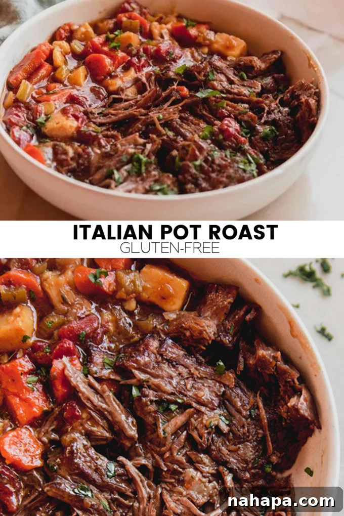 A large serving platter of Italian Pot Roast with shredded beef and root vegetables, perfect for a family meal.