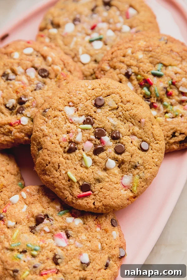 Peppermint Swirl Gluten-Free Chocolate Chip Cookies 2 A tray stacked with festive candy cane chocolate chip cookies, ready for the holidays.