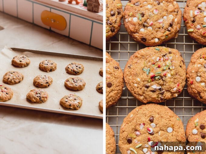 Peppermint Swirl Gluten-Free Chocolate Chip Cookies 4 A side-by-side comparison of unbaked and baked candy cane chocolate chip cookies.