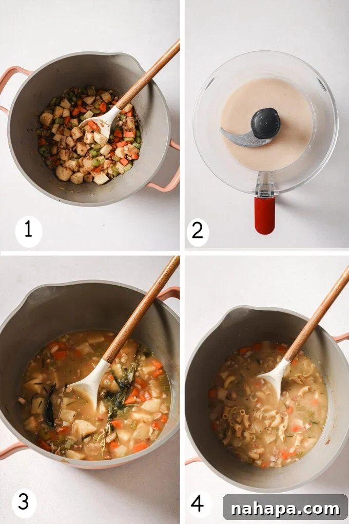 Visual step-by-step progression of preparing the white pasta fagioli soup, highlighting key cooking stages.