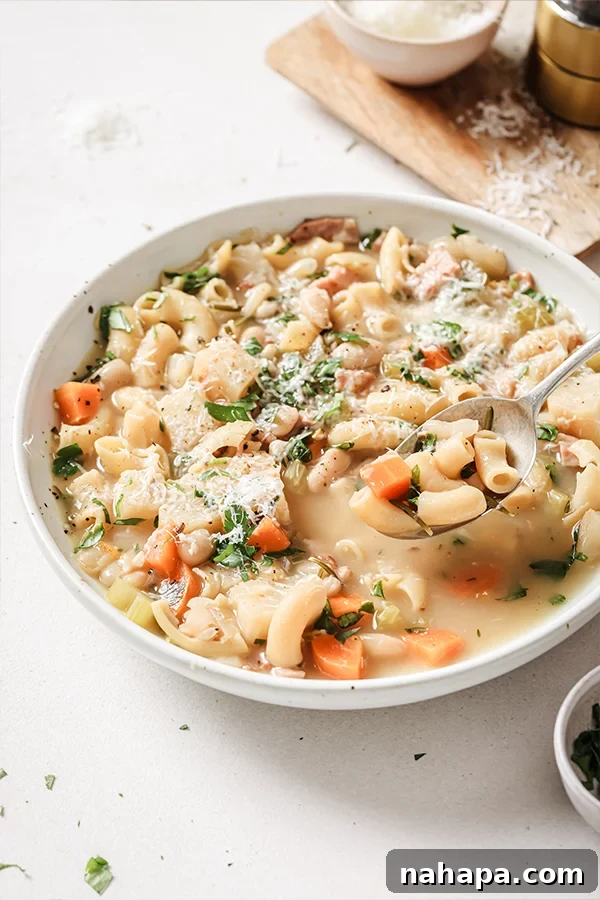 A heartwarming bowl of white pasta fagioli soup, with a spoon gently dipping in to savor the creamy goodness.