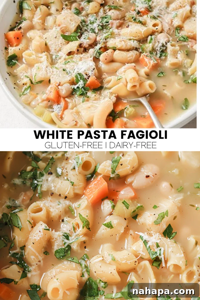 A final beautifully plated bowl of creamy white pasta fagioli soup, garnished with fresh herbs.