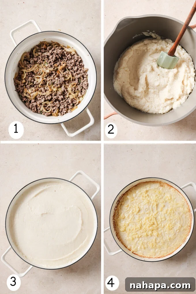 A collage of step-by-step photos illustrating the preparation of French onion shepherd's pie, from cooking onions to topping with mash in a skillet.