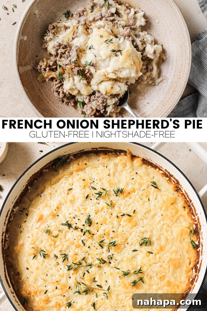 French Onion Shepherd's Pie, a close-up shot of the perfectly golden-brown mashed sweet potato topping with visible caramelized onions beneath.