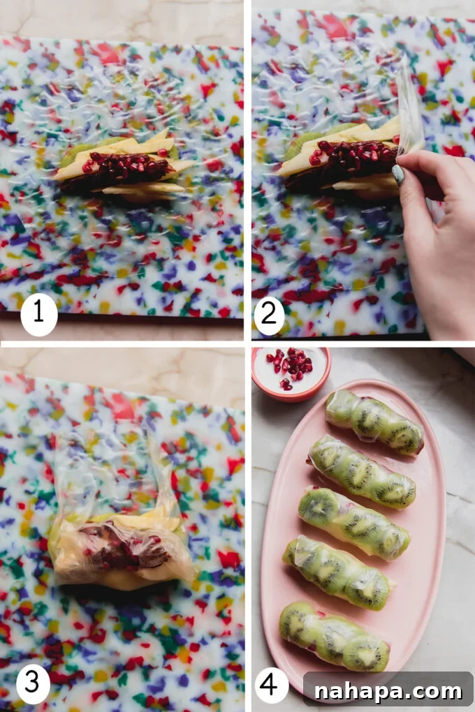 Winter Fruit Fresh Rolls 4 A series of step-by-step photos demonstrating how to prepare and roll winter fruit rice paper rolls, from softening the paper to filling and final rolling.