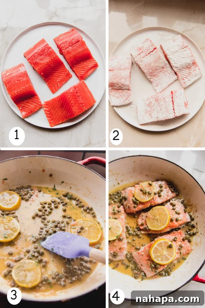 Flavorful Salmon Piccata Without Gluten or Dairy 3 Step by step photos of making the salmon piccata.