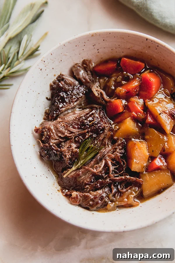 Tender Apple Cider Braised Beef 2 A bowl of apple cider braised pot roast with vegetables, ready to be enjoyed.