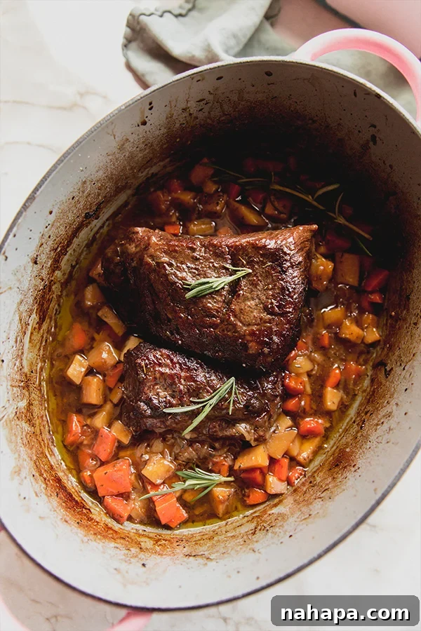 Tender Apple Cider Braised Beef 4 The apple cider braised pot roast after baking before slicing to be eaten.