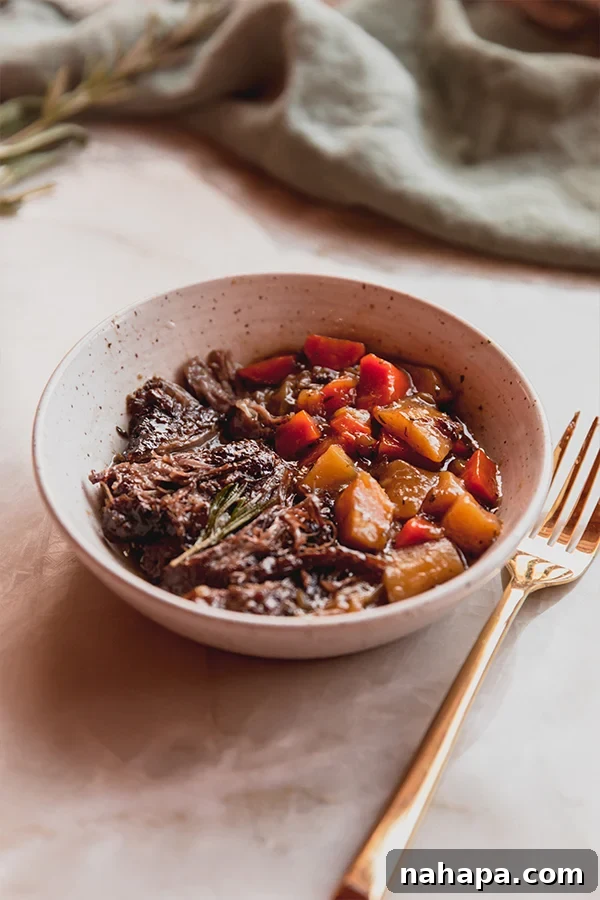 Tender Apple Cider Braised Beef 5 A bowl full of apple cider braised pot roast with vegetables.