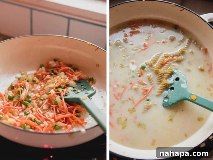 Two side by side photos of a pot, showing before and after adding the pasta and broth mixture to the sautéed vegetables.