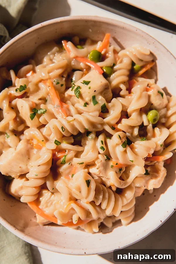 A beautiful bowl of chicken pot pie pasta, garnished with fresh parsley, ready to be enjoyed.