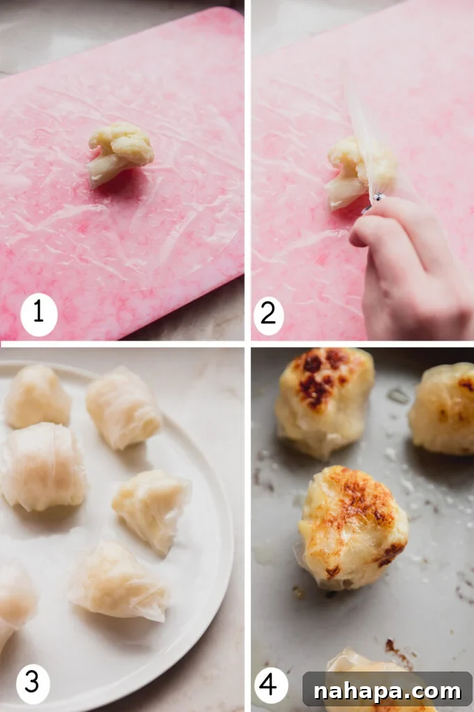 Step by step photos of taking a piece of cauliflower and wrapping in rice paper and cooking it.