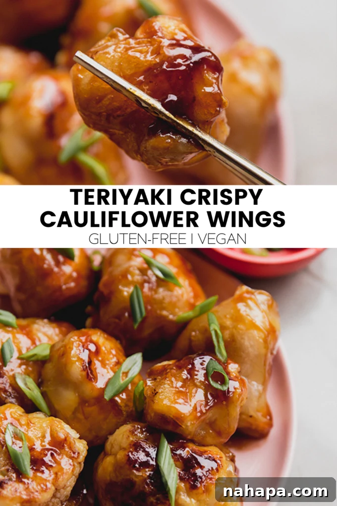 A stunning final shot of teriyaki cauliflower wings, artfully arranged and ready to be devoured, highlighting their golden crispness and vibrant green onion garnish.
