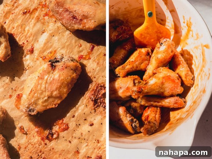 Photos of baked wings before and after adding sauce, showcasing the transformation.