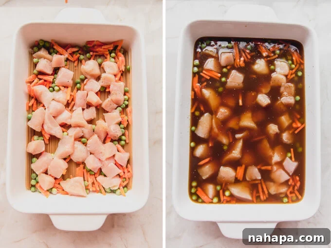 Sticky Honey Garlic Chicken Noodle Bake Gluten Free 3 Photos showing the step-by-step process of preparing the baked honey garlic chicken noodle dish before it goes into the oven.