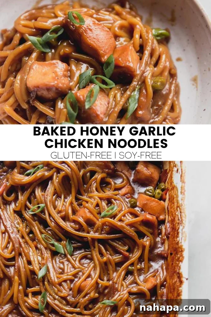 Sticky Honey Garlic Chicken Noodle Bake Gluten Free 6 A collage of three images showing various stages of the baked honey garlic chicken noodle dish, from ingredients to finished meal.