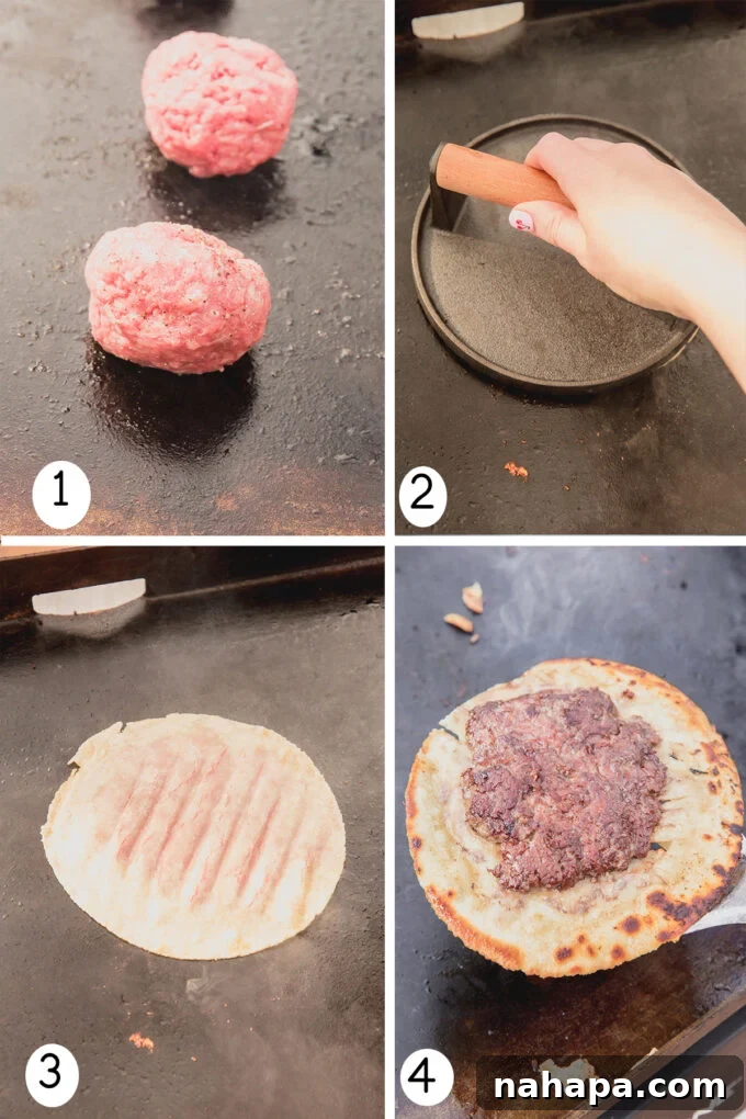 Step by step photos of making the smash burger tacos, showing the smashing and cooking process.