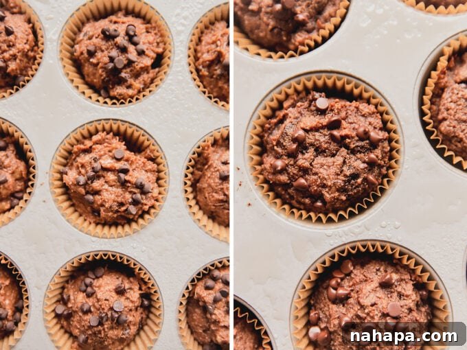 Irresistible Gluten-Free Chocolate Banana Muffins 4 Side-by-side comparison: Muffin tin filled with unbaked chocolate banana bread batter and golden-brown baked muffins.
