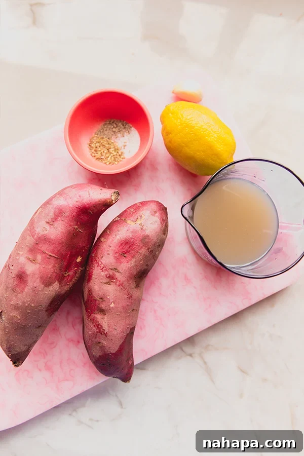 All of the ingredients to make Greek Lemon Style Sweet Potatoes before baking.