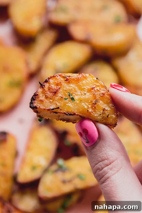 One Greek lemon style sweet potato being held in a hand.