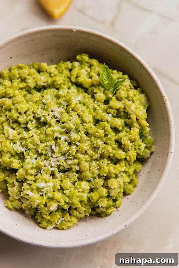 A bowl of basil pesto stelline pasta topped with fresh basil, grated cheese, and a drizzle of olive oil, ready to be served.