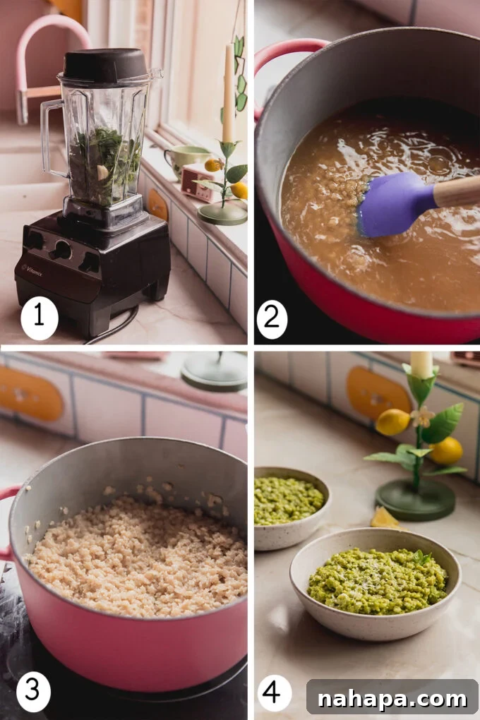 A sequential photo collage illustrating the cooking process of basil pesto stelline: from mixing pesto ingredients, cooking stelline in broth, to stirring in the pesto and serving.