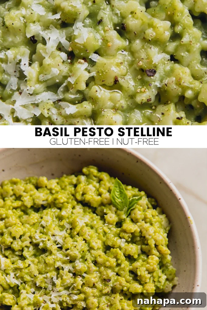 A beautifully styled flat lay image of the prepared Basil Pesto Stelline in a bowl, with fresh basil leaves and a fork, emphasizing its appetizing appearance.