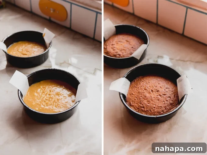 A visual comparison of the cake batter before and after baking, showing the transformation from liquid to fluffy cake.