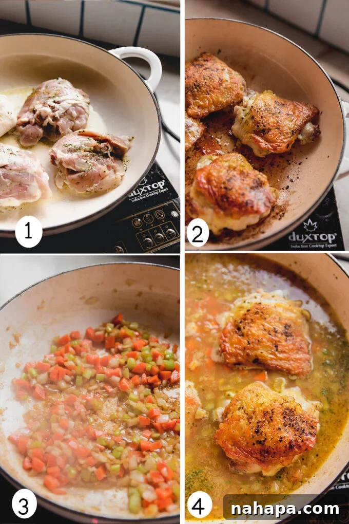 Lemon Greek Chicken & Rice baked in a Dutch oven, garnished with lemon and herbs.