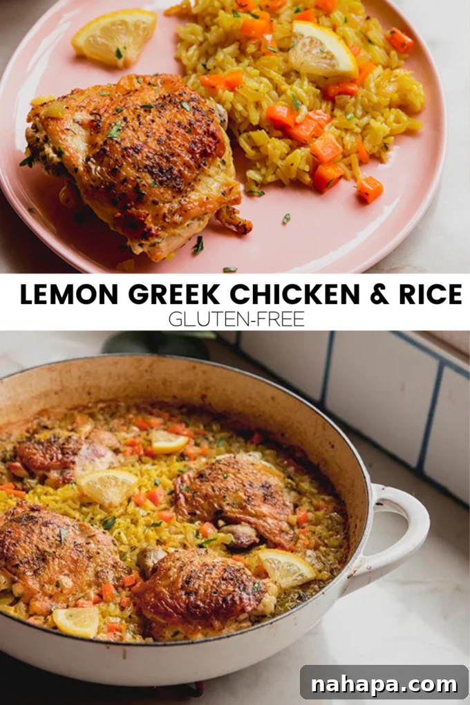A vibrant platter of Lemon Greek Chicken and Rice, garnished with fresh parsley and lemon slices.